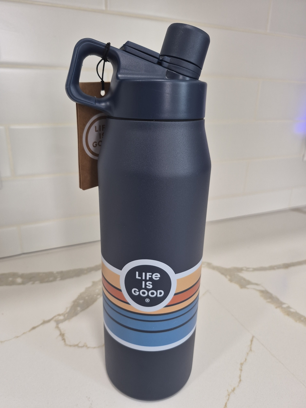 Life Is Good Navy Water Bottle with Multicolor Mountain Stripes